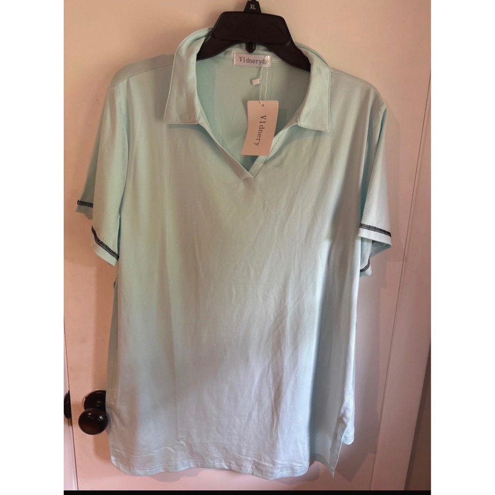 V1dnery Womens Short Sleeve Polo Shirt Light Blue V-Neck Top XL NWT